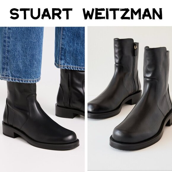 Stuart Weitzman 5050 Bold Zip Bootie Ankle Boots Black Leather US 6 - Made SPAIN - Picture 1 of 13